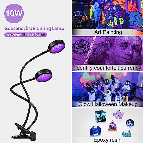10W USB UV Black Light Dual-Head, 395nm-405nm Lamp for Resin Curing | UV Light Clamp Lamp Flexible Gooseneck USB Powered Fluorescent Paint Blacklight Posters DIY Crafts Paint Collection - size: 2 Heads