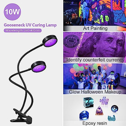 10W USB UV Black Light Dual-Head, 395nm-405nm Lamp for Resin Curing | UV Light Clamp Lamp Flexible Gooseneck USB Powered Fluorescent Paint Blacklight Posters DIY Crafts Paint Collection - size: 2 Heads