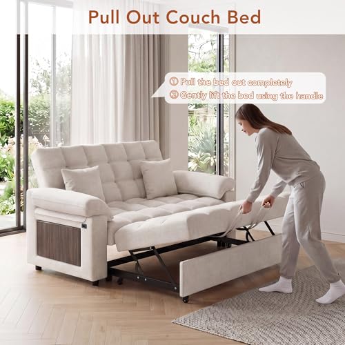 Vipbear Sleeper Sofa Bed, 70" Pull Out Futon Couch with Small Table| USB Port | Side Pockets | Tool-Free Assembly | Adjustable Backrest for Apartment, Office, Guest Room, Chenille Beige - color: Beige