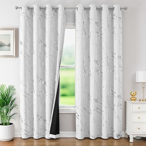 WUBODTI Silver Marble Blackout Curtains 84 inch Bedroom Grommet 2 Panels | Silver on white,metallic pattern,modern abstract,thermal insulated, room darkening,living room,privacy,window treatments - color: Grey White and Silver, size: 52"W x 84"L (Pack of