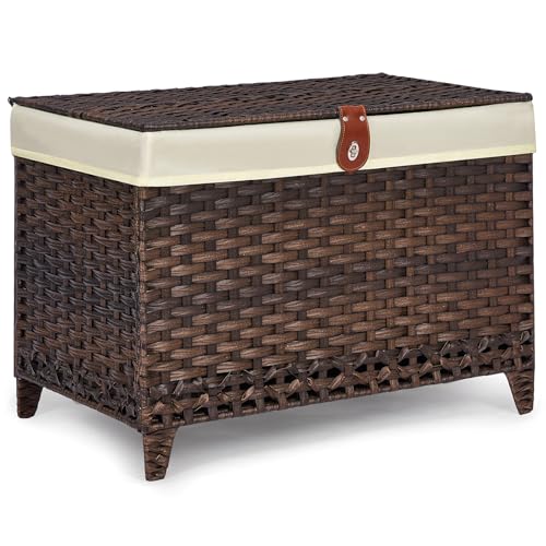 Wicker Storage Basket with Lid, 65L Shelf Basket with Removable Liner Bag | Rattan-Inspired Woven Design, Elevated Feet, Storage Trunk for Wardrobe, Bedroom & Home Organization - color: Brown, size: 65L