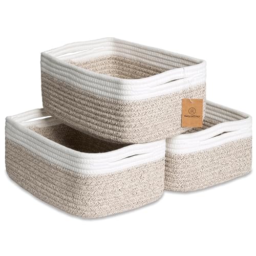 NaturalCozy 11.8"x8"x4.5” Storage Baskets for Shelves 3 Pack | Cotton Rope Woven Small Baskets for Organizing | Small Storage Bins for Nursery, Bathroom, Closet, Cube Shelf, Decorative, Gift Basket - color: Off White & Mixed Brown, size: 11.8" x 8" x 4.5"