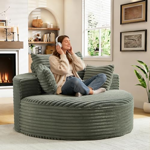 55" Oversized Round Chaise Longue Chair Indoor, Upholstered Corduroy Circle Single Cloud Reading Sofa Chair Deep Seat Modern Boneless Sleeper Couch No Assembly Required, Green - color: Green, style: 55"Corduroy
