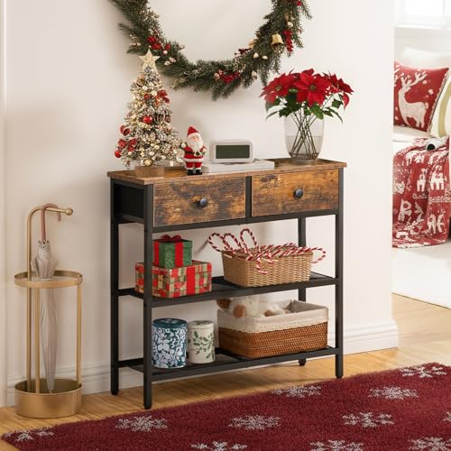 HOOBRO 29.5" Narrow Console Table with 2 Fabric Drawers, Sofa Table, Small Entryway Table with 3-Tier Storage Shelves, Behind Couch Table, for Living Room, Hallway, Rustic Brown and Black BF72XG01 - color: Rustic Brown + Black