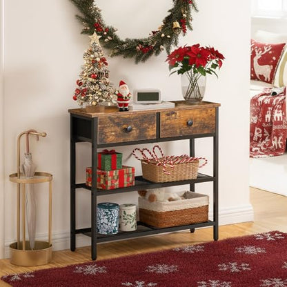 HOOBRO 29.5" Narrow Console Table with 2 Fabric Drawers, Sofa Table, Small Entryway Table with 3-Tier Storage Shelves, Behind Couch Table, for Living Room, Hallway, Rustic Brown and Black BF72XG01 - color: Rustic Brown + Black