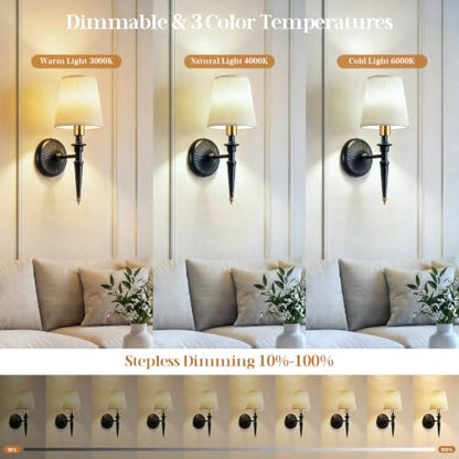 Battery Operated Wall Sconces Set of 2, Wireless Rechargeable Wall Lights with 12 RGB Colors and 3CCT Dimmable, Small Fabric LED Wall Lamps for Bedroom, Living Room, Hallway, Black Gold - color: Black Gold