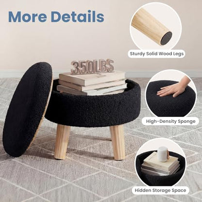 DUMOS Round Storage Ottoman with Reversible Tray Lid, Multi-Functional Footrest, Teddy Velvet Footstool with Wood Legs, Small Coffee Table for Living Room, Bedroom, Ink - color: Ink