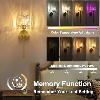 Battery Operated Crystal Wall Sconce Set of 2, Amber Rechargeable Wireless Wall Sconces with Remote Dimmable 12 Colors Modes Led Wall Lights for Bedroom Living Room Hallway, 2 Bulbs Included - color: Amber