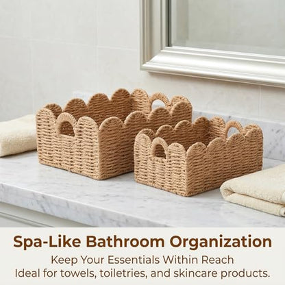 Scalloped Wicker Baskets Set of 3, Hand-Woven Storage with Handles | set of 3 tan scalloped baskets with handles. Hand-woven paper rope for shelves, bathroom or closet. Stackable, sturdy. - color: Tan