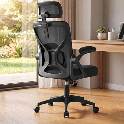 VASAGLE Office Chair, Adjustable Mesh with Lumbar Support and Headrest | Ergonomic desk chair, 90-105° tilt function, wide seat, flip-up armrests, home office, Ink Black UOBN044BH01S - color: Ink Black, size: Set of 1, style: Office Chair With Headrest