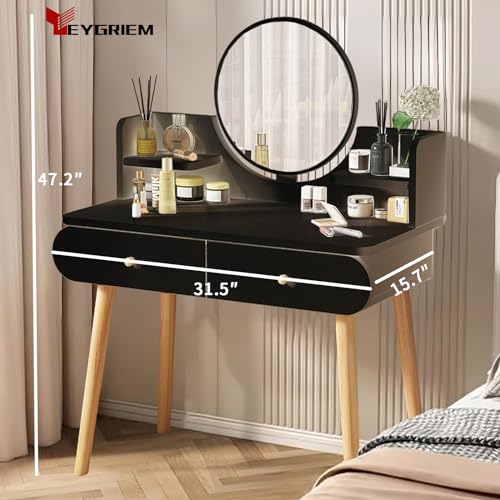 Makeup Vanity Table Set with Mirror, Medium Density Fiberboard Modern Makeup Vanity Dressing Desk with 2 Drawers and 2 Shelves, 31.5"(L)*15.7"(W)*47.2"(H), White (Without Stool) (Black) - color: Black