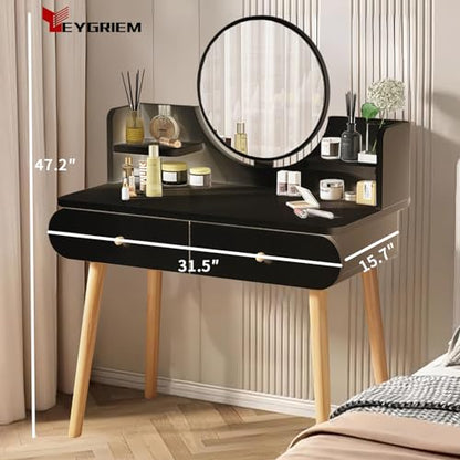 Makeup Vanity Table Set with Mirror, Medium Density Fiberboard Modern Makeup Vanity Dressing Desk with 2 Drawers and 2 Shelves, 31.5"(L)*15.7"(W)*47.2"(H), White (Without Stool) (Black) - color: Black