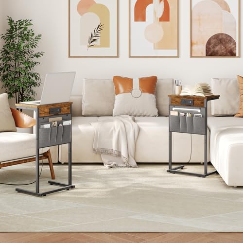 HOOBRO C Shaped End Table with Charging Station, Slide Under Couch Table, 28"H Sofa Side Table with Storage Bags, TV Tray Table for Sofa Arm, Couch, Recliner, Living Room, Bedroom, Rustic Brown - color: Rustic Brown