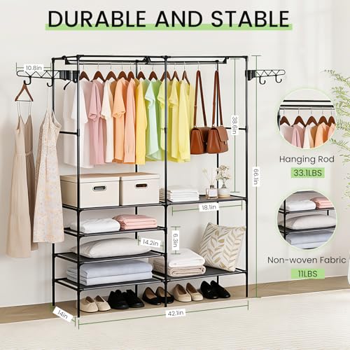Clothes Rack, Multifunctional Metal Freestanding Garment Racks Closet Wardrobe Rack Organizer for Hanging Clothes Bedroom Laundry Living Room - size: Black 14.2"D x 42.1"W x 66.1"H