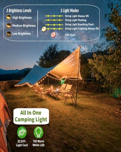 Solar Camping String Lights, 32.8 FT Fairy String Light, 4 in 1 Portable Waterproof Camp LED Lamp with 8 Lighting Modes, Hanging Rechargeable Tent Lantern for Outdoor Garden Patio Party Essentials - size: 32.8 FT