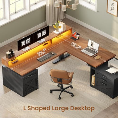SEDETA Farmhouse L Shaped Standing Desk, 70.1" x 73.2" Height Adjustable Home Office Executive Desk with Drawers, Power Outlet, Monitor Stand, Sit Stand Table with Led Lights for Home Office, Black - color: Black