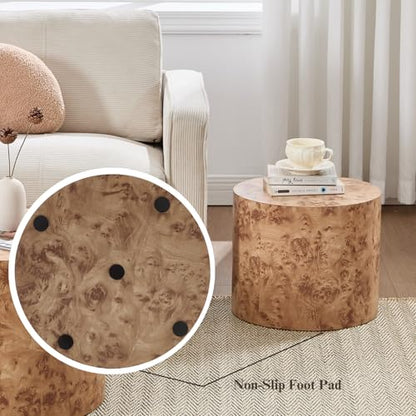 Ya-Home Round Coffee Tables Side Table Set of 2, Wood Nesting End Table for Living Room Balcony Office, Natural Burl Color, No Assembling - color: Natural Burl Color
