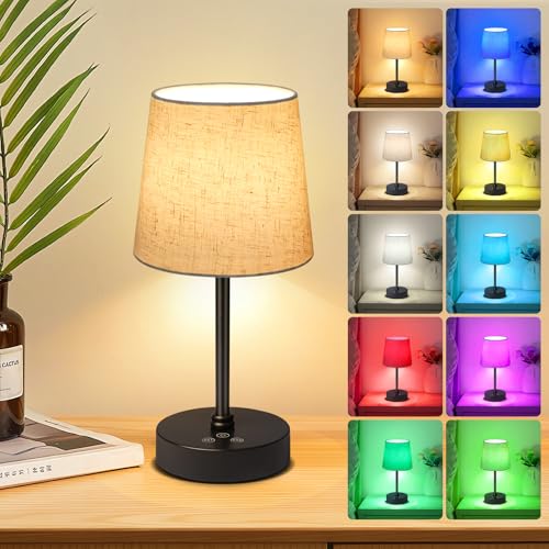 Wowag Small Cordless Table Lamp,5000mAh Rechargeable Battery Operated Desk Lamp,3 Colors & 7 RGB Stepless Dimmable, Portable Touch Fabric Shade LED Night Light for Bedroom Restaurant Home(Flaxen) - color: Black+Flaxen Shade, size: 11.4in