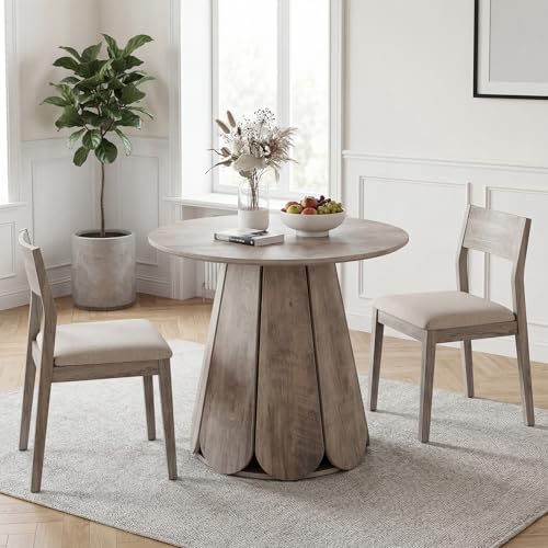31.5" Round Dining Table, Small Circle Kitchen Table for 2-4 People, Modern Farmhouse Wood Dinning Room Tables with Pedestal Base, Space Saving Dinner Tables for Small Spaces, Mesa de Comedor, Grey - color: Grey