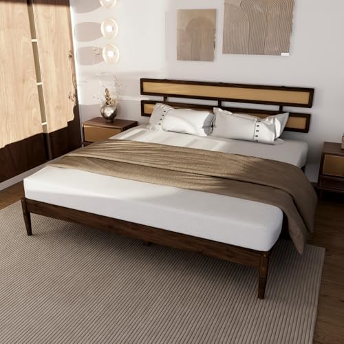 VINGLI Solid Wood Full Size Rattan Bed Frame with Headboard, Boho Platform Panel Bed,Brown - size: Full