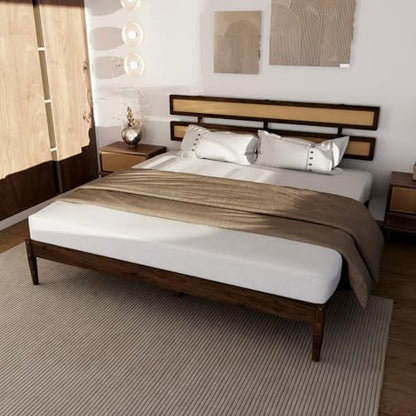 VINGLI Solid Wood Full Size Rattan Bed Frame with Headboard, Boho Platform Panel Bed,Brown - size: Full