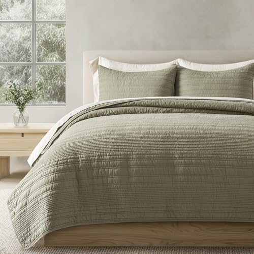 EVERGRACEHOME 100% Cotton Modern Lines Quilt Set Queen Size, Light Sage | Pre-Washed Soft Cotton, Striped Coverlet Bedspread, 3 Piece Lightweight Bedding Set for All Season, with 2 Pillow Shams - color: Light Sage, size: Full/Queen (92" X 92")
