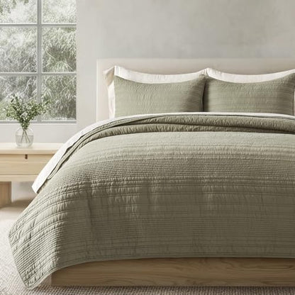 EVERGRACEHOME 100% Cotton Modern Lines Quilt Set Queen Size, Light Sage | Pre-Washed Soft Cotton, Striped Coverlet Bedspread, 3 Piece Lightweight Bedding Set for All Season, with 2 Pillow Shams - color: Light Sage, size: Full/Queen (92" X 92")