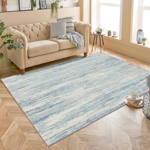 Washable Rug 4x6.5 Area Rugs Low Pile Non Slip Modern | Machine Washable Small Throw Carpet for Bedroom Living Room Office Playroom Floor Indoor Accent Neutral Blue - color: Blue, size: 4' x 6'6" (Rectangular)