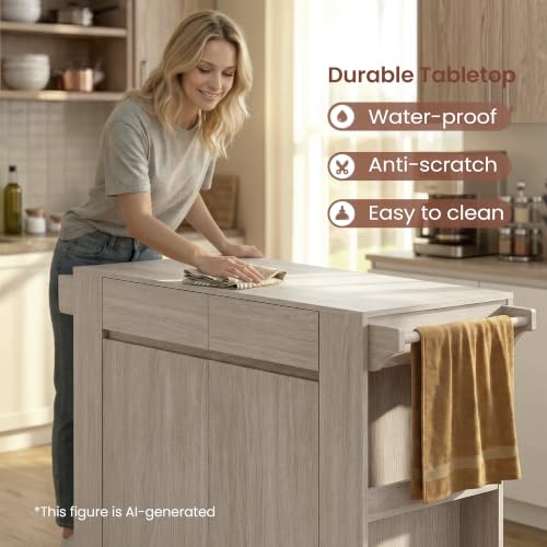 51'' Mobile Kitchen Island with Drop Leaf, Rolling Kitchen Cart with Drawrs & Storage Cabinet on Wheels, Portable Island Table with Spice Rack & Towel Rack for Dining Room, White Oak Gray