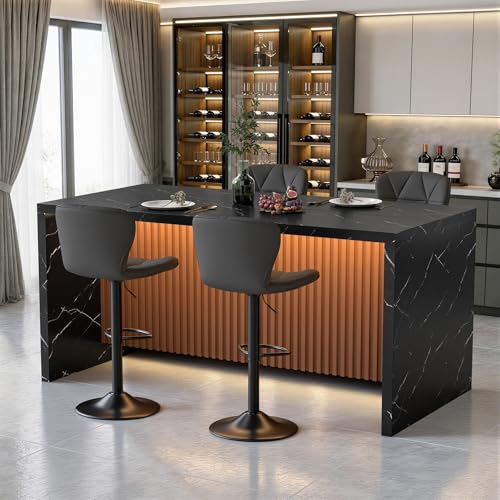 67" Kitchen Island Table with Faux Marble Top, Counter Height Dining Table for Kitchen, Modern Island Table with Fluted Base, Seats 4 - color: Black, size: Table Only