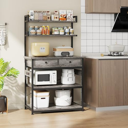 Mexin Baker's Rack with Power Outlet, 5-Tier Kitchen Storage Shelf with 2 Drawers, Industrial Microwave Stand Coffee Bar Station, 58.5" Heavy Duty Utility Rack for Spice Pots and Pans, Gray Oak - color: Gray Oak