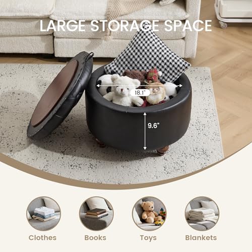 24Inch Round Storage Ottoman, Set of 2, Modern PU Leather Coffee Table with Removable Top, Upholstered Ottoman with Storage Footrest Stool for Living Room, Bedroom (Black) - color: Black