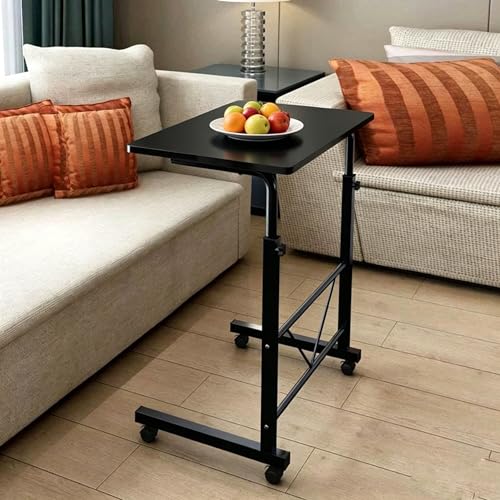Sofa Side Table C Shaped End Table with Wheels, Black Rolling Bedside Laptop Table Snack Table TV Tray, Height Adjustable, Wooden Top & Metal Frame - color: Black, 23.6"-style 2