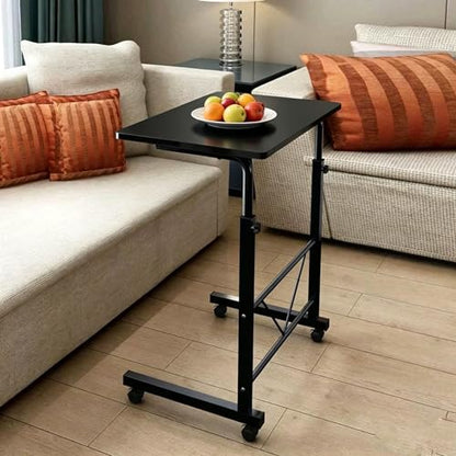 Sofa Side Table C Shaped End Table with Wheels, Black Rolling Bedside Laptop Table Snack Table TV Tray, Height Adjustable, Wooden Top & Metal Frame - color: Black, 23.6"-style 2