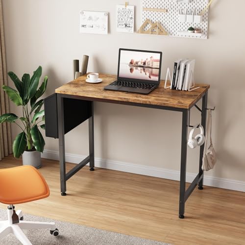Lufeiya Small Desk for Small Spaces, 32 Inch Kids Girls Study Writing Desks for Bedroom, Simple Modern Laptop PC Little Side Table with Storage Bag Headphone Hooks, Rustic Brown - color: Rustic Brown, size: 31"