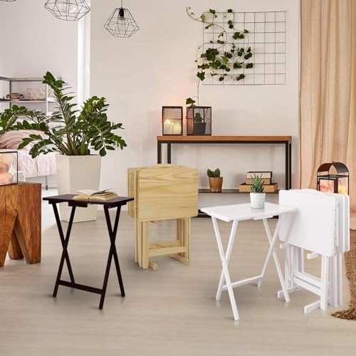 HomeStock Antique 5-Piece Solid Wood Folding Tray Table Set with Storage Stand 4 Durable TV Tables for Living Room or Snacks, 19" x 14.75" x 25.5" White - color: White