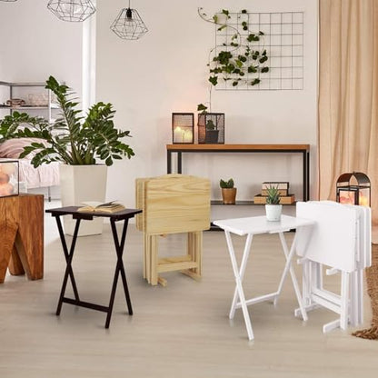 HomeStock Antique 5-Piece Solid Wood Folding Tray Table Set with Storage Stand 4 Durable TV Tables for Living Room or Snacks, 19" x 14.75" x 25.5" White - color: White