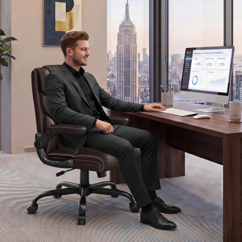Office Chair, Executive Mid-Back Computer Desk Chair with Flip-up Armrests | 300 Lbs Ergonomic Leather Swivel PC Chair with Rock Function for Working Studying (Coffee) - color: Coffee