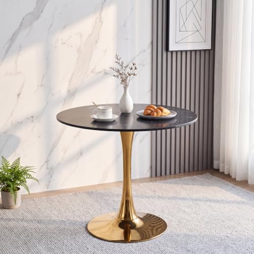 31.5" Round Tulip Dining Table, Circle Tulip Table with MDF Tabletop and Gold Metal Pedestal Base, Mid Century Modern Bistro Table for Kitchen, Dining Room, Cafe (Black and Gold) - color: Black and Gold