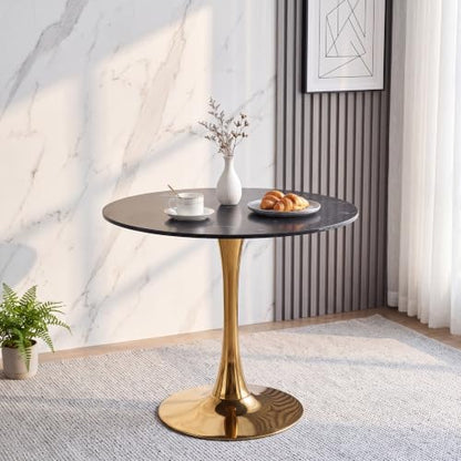 31.5" Round Tulip Dining Table, Circle Tulip Table with MDF Tabletop and Gold Metal Pedestal Base, Mid Century Modern Bistro Table for Kitchen, Dining Room, Cafe (Black and Gold) - color: Black and Gold