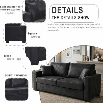 Eafurn 69" Small Loveseat Sofa Couch, Mid-Century Modern PU Leather 2-Seater Sofa with Wood Frame & 2 Pillows, Compact Space-Saving Couch for Living Room, Apartment, Office - color: Black 69"