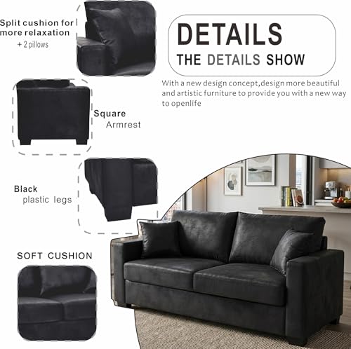 Two-Seater Loveseat with Foil Fabric and Throw Pillows, Compact Design for Apartments and Living Rooms - Black - color: Black