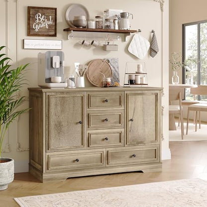 GarveeHome 47" Farmhouse Sideboard Buffet Cabinet, Sideboard Storage credenza with 5 Drawers and 2 Doors, Wood Coffee Bar Cabinet, Buffet Table for Dining Room Living Room, Oak - color: Oak