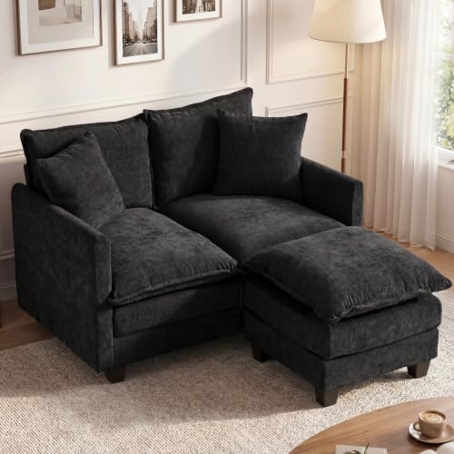 50'' L-Shape Loveseat Sofa with 22" Ottoman, 2 Seat Modern Cloud Couch with 2 Washable Pillows for Small Space Apartment Office Living Room Bedroom, Black - color: Black, size: 50"L