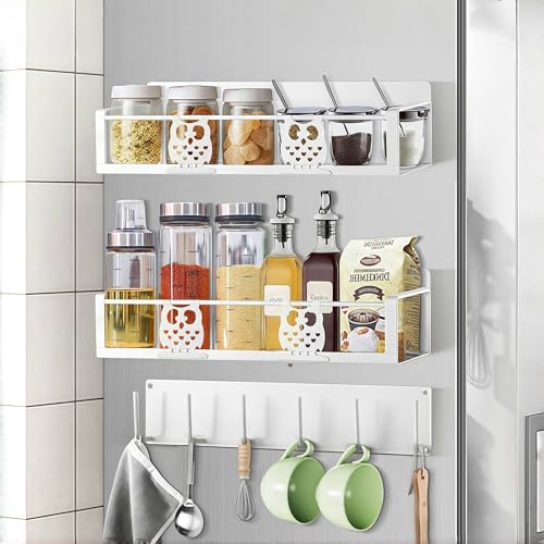 Magnetic Spice Rack,Magnetic Shelf for Fridge,Spice Organizer,Fridge Organizer,Kitchen Storage Organization with Magnetic Hooks,Owl Home Decor(White) - color: White