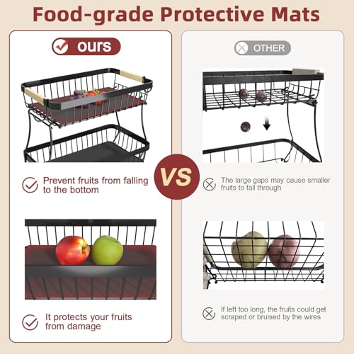 3-Tier Fruit Basket with Banana Hangers, Detachable Metal Bowl | Wooden handle, protective mats included. Versatile holder for bread, snacks, and veggies. Large 3 tier metal design. - color: Silver, size: 3 Tier