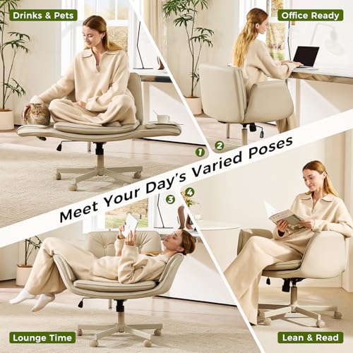 amseatec Criss Cross Office Chair, Swivel Makeup Vanity Chair with Wheels | Wide PU seat supports cross-legged, fidget-friendly sitting; 5-level armrests create pet space; wipe-clean finish eases care - color: Cream Beige