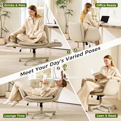amseatec Criss Cross Office Chair, Swivel Makeup Vanity Chair with Wheels | Wide PU seat supports cross-legged, fidget-friendly sitting; 5-level armrests create pet space; wipe-clean finish eases care - color: Cream Beige