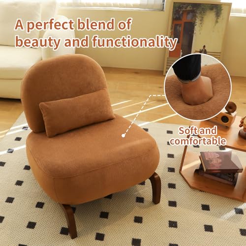 Caramel Velvet Slippers Chair with Solid Wooden Legs, Low Profile Design | Cute Armless Accent Chair with Soft Cushion, Comfy Upholstered Side Chairs for Living Room, Bedroom, Balcony or Reading Room - color: Caramel