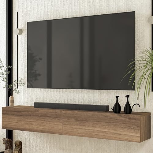 Walnut Floating TV Stand for 65–80 Inch TV, Wall Mounted TV Stand with 2-Door Storage Cabinet, Floating Entertainment Center with Cable Management, Modern Floating Media Console for Living Room - size: 2 Doors